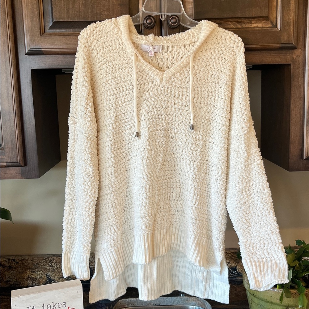 Oversized Chunky Vanilla Popcorn V Neck Hooded Sweater Womens Medium New